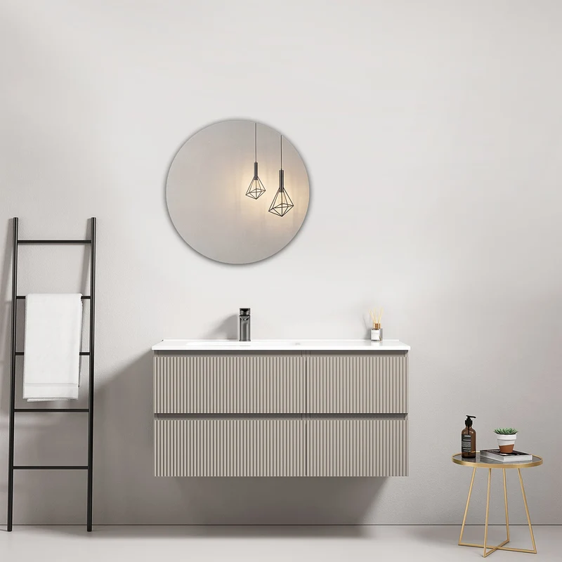 Mobile bagno sospeso cannettato 100 cm Grigio Cenere Lavabo a Sinistra in Ceramica Specchio Tondo - Fiji Paint