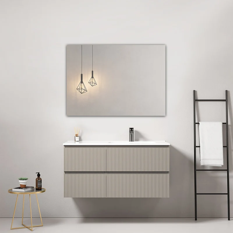 Mobile bagno sospeso cannettato 100 cm Grigio Cenere Lavabo a Destra in Ceramica Specchio Quadro - Fiji Paint