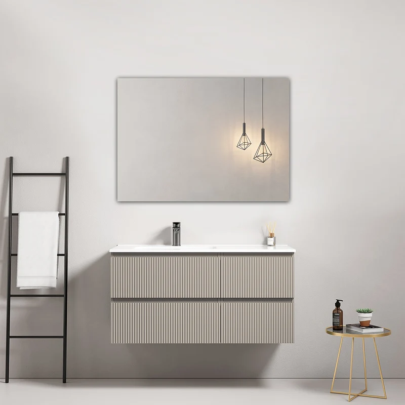 Mobile bagno sospeso cannettato 100 cm Grigio Cenere Lavabo a Sinistra in Ceramica Specchio Quadro - Fiji Paint