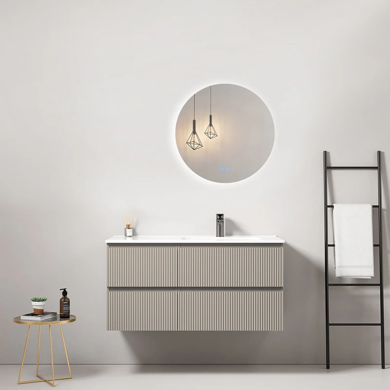 Mobile bagno sospeso cannettato 100 cm Grigio Cenere Lavabo a Destra in Ceramica Specchio Tondo Retroilluminato - Fiji Paint