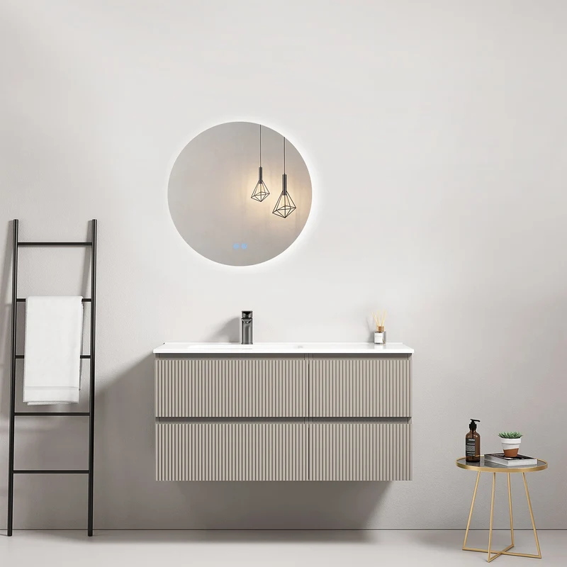 Mobile bagno sospeso cannettato 100 cm Grigio Cenere Lavabo a Sinistra in Ceramica Specchio Tondo Retroilluminato - Fiji Paint