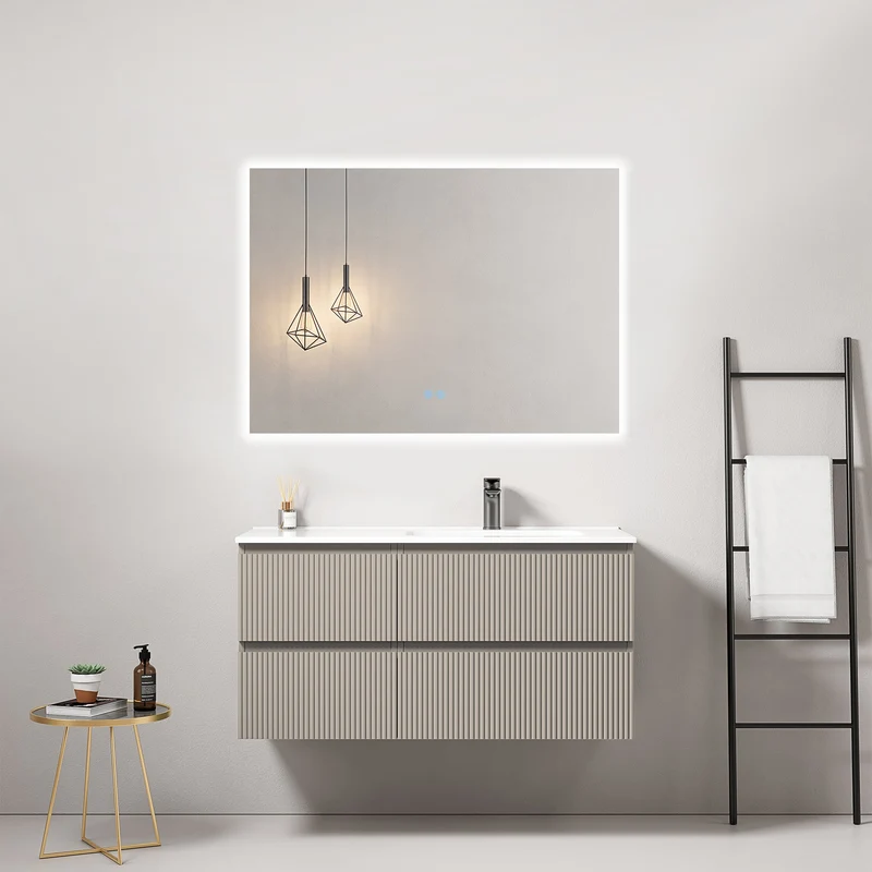 Mobile bagno sospeso cannettato 100 cm Grigio Cenere Lavabo a Destra in Ceramica Specchio Quadro Retroilluminato - Fiji Paint