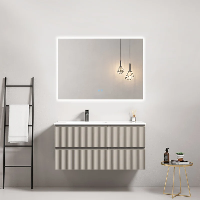 Mobile bagno sospeso cannettato 100 cm Grigio Cenere Lavabo a Sinistra in Ceramica Specchio Quadro Retroilluminato - Fiji Paint