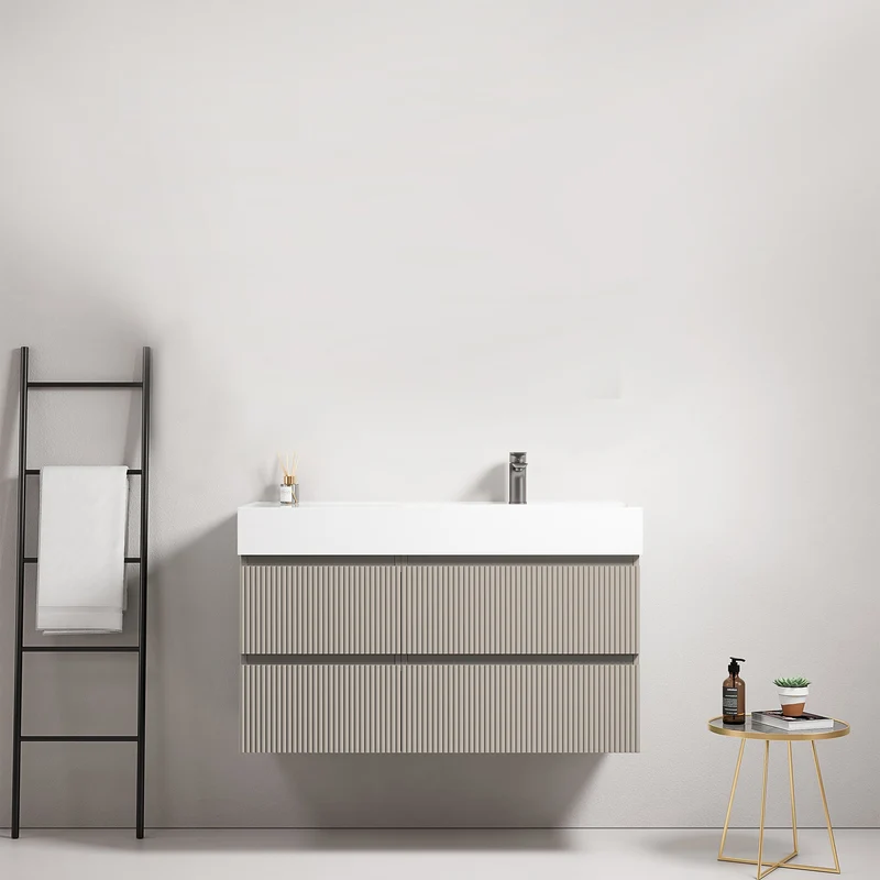 Mobile bagno sospeso cannettato 100 cm Grigio Cenere Lavabo a Destra in Resina Senza Specchio - Fiji Paint