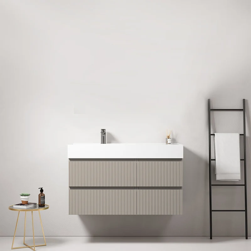 Mobile bagno sospeso cannettato 100 cm Grigio Cenere Lavabo a Sinistra in Resina Senza Specchio - Fiji Paint