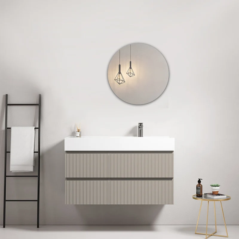 Mobile bagno sospeso cannettato 100 cm Grigio Cenere Lavabo a Destra in Resina Specchio Tondo - Fiji Paint