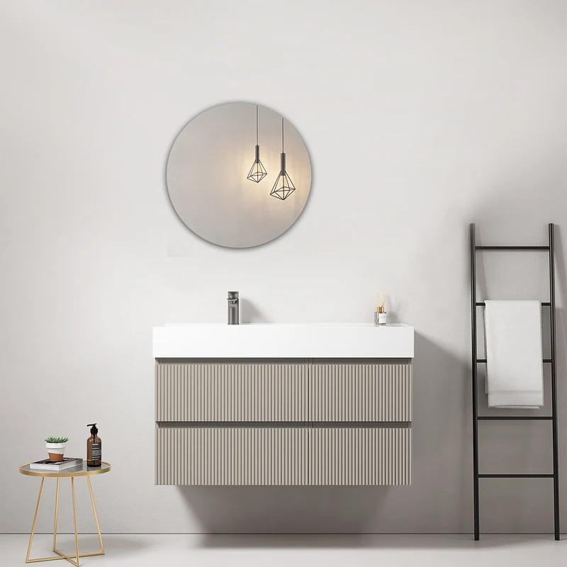 Mobile bagno sospeso cannettato 100 cm Grigio Cenere Lavabo a Sinistra in Resina Specchio Tondo - Fiji Paint