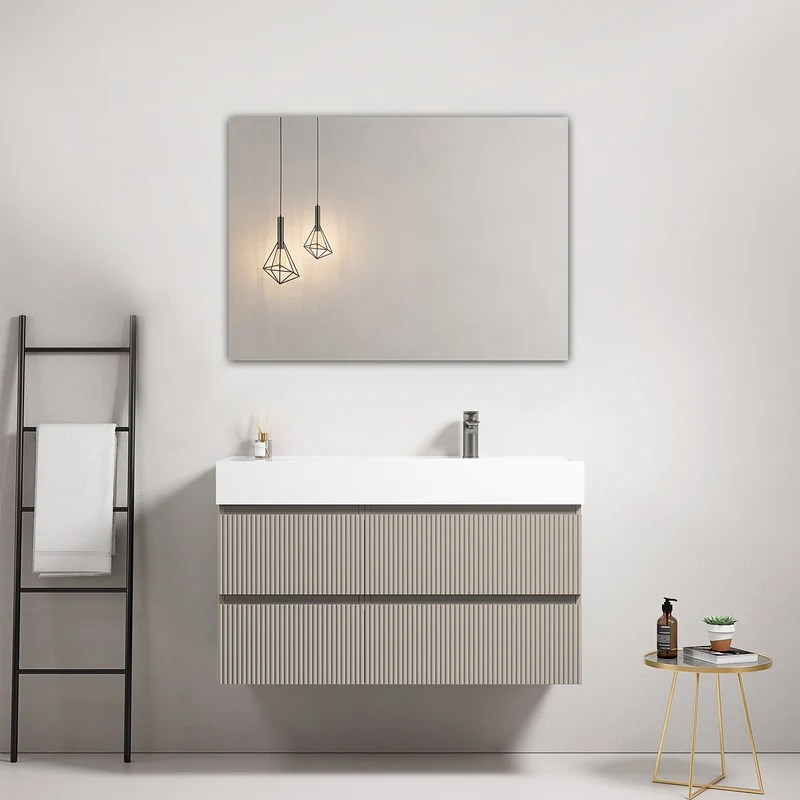 Mobile bagno sospeso cannettato 100 cm Grigio Cenere Lavabo a Destra in Resina Specchio Quadro - Fiji Paint