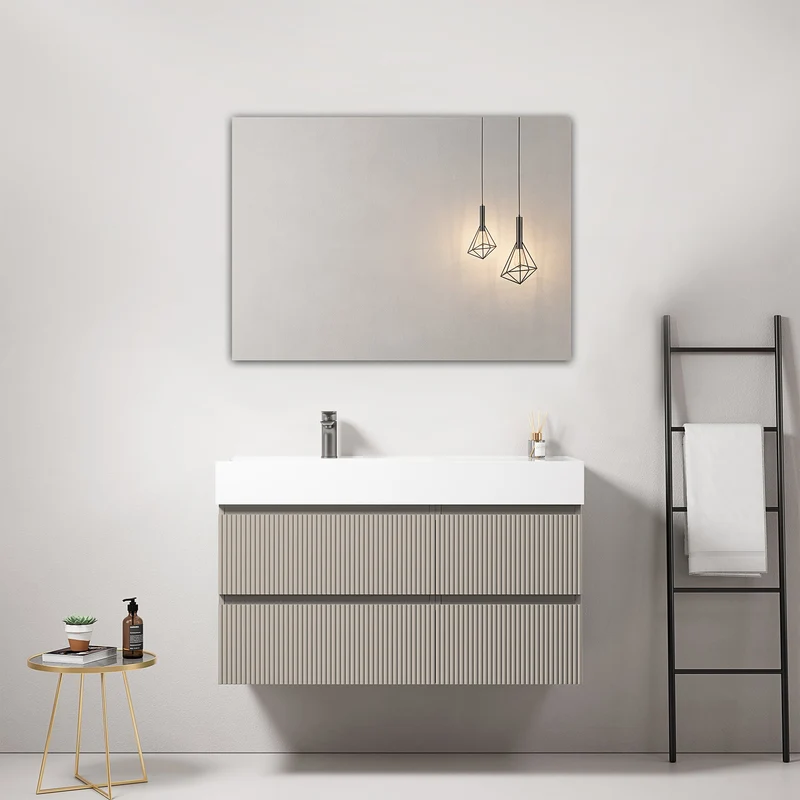 Mobile bagno sospeso cannettato 100 cm Grigio Cenere Lavabo a Sinistra in Resina Specchio Quadro - Fiji Paint