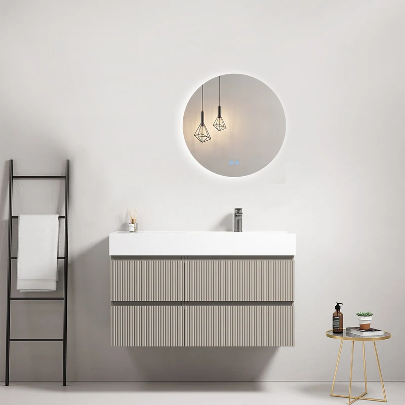 Mobile bagno sospeso cannettato 100 cm Grigio Cenere Lavabo a Destra in Resina Specchio Tondo Retroilluminato - Fiji Paint