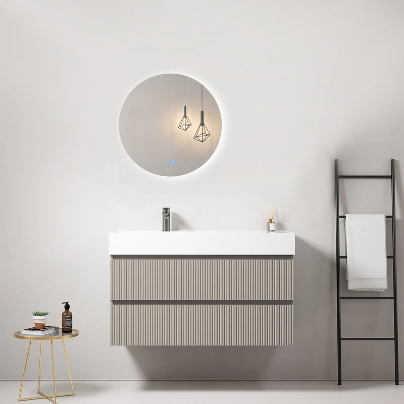 Mobile bagno sospeso cannettato 100 cm Grigio Cenere Lavabo a Sinistra in Resina Specchio Tondo Retroilluminato - Fiji Paint