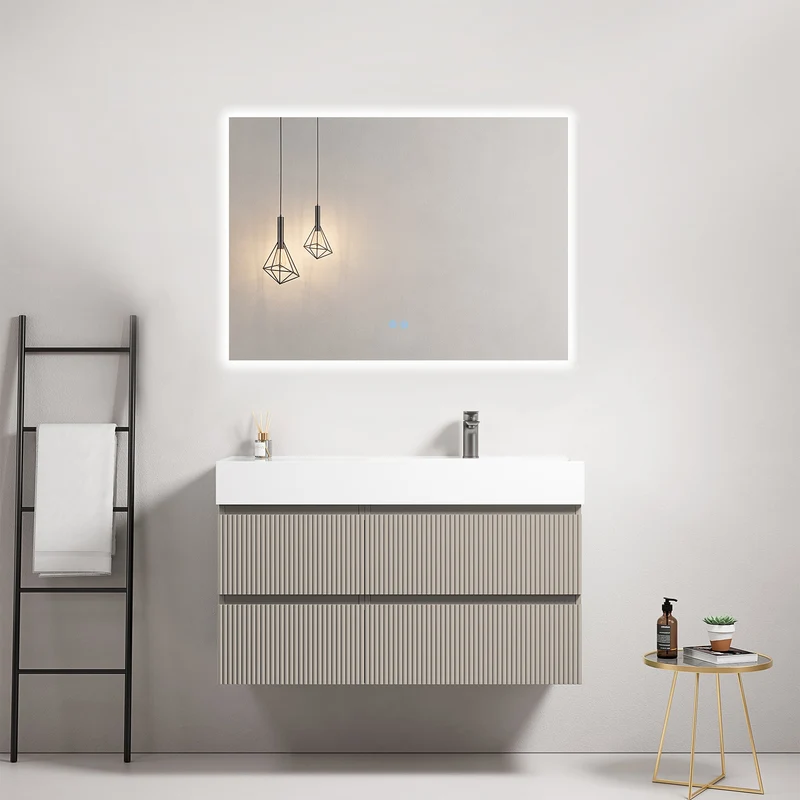 Mobile bagno sospeso cannettato 100 cm Grigio Cenere Lavabo a Destra in Resina Specchio Quadro Retroilluminato - Fiji Paint