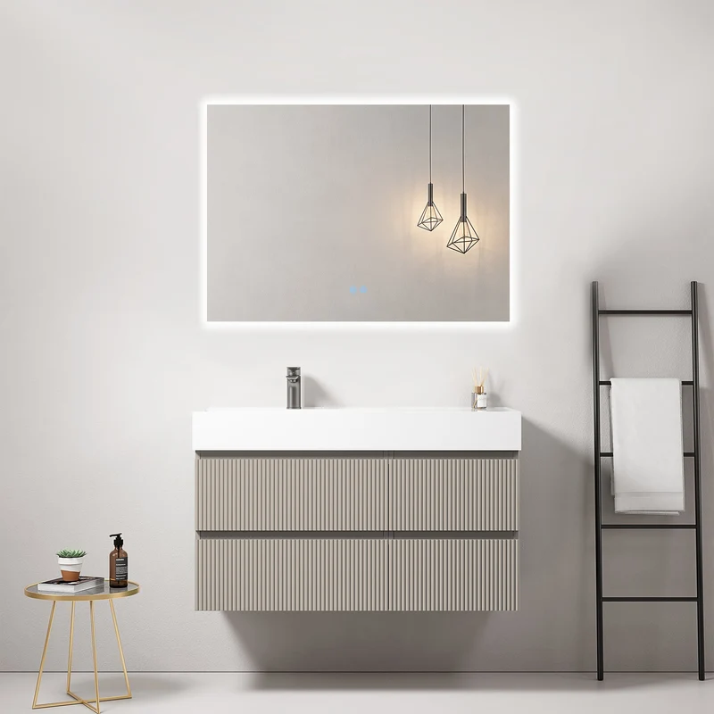 Mobile bagno sospeso cannettato 100 cm Grigio Cenere Lavabo a Sinistra in Resina Specchio Quadro Retroilluminato - Fiji Paint
