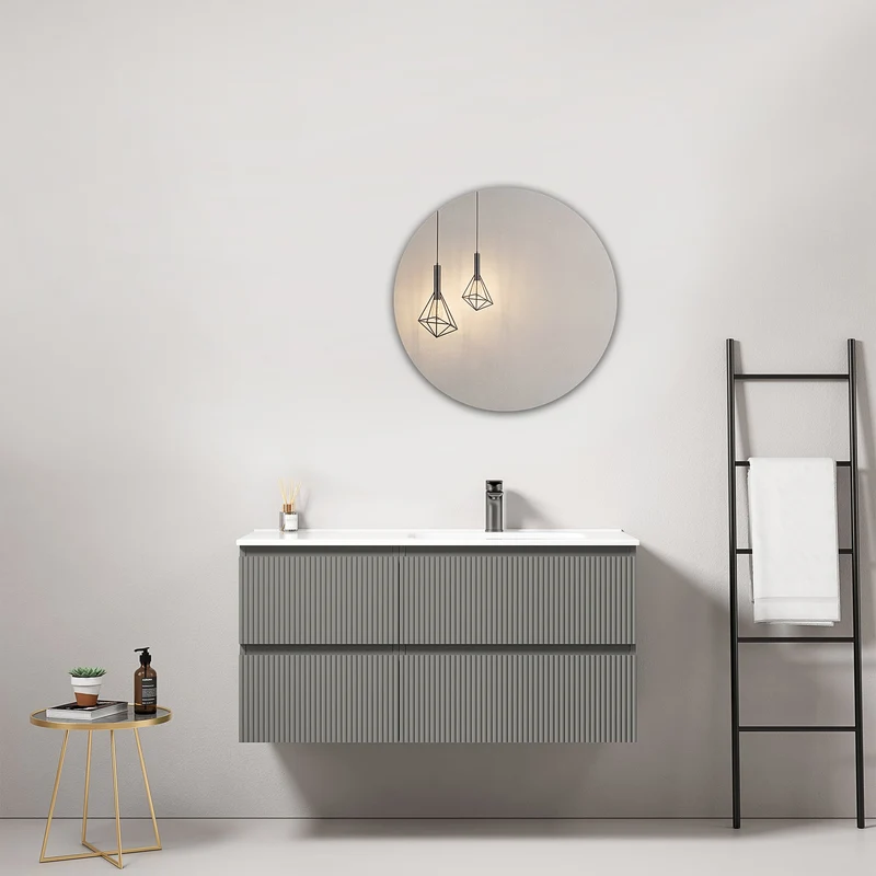 Mobile bagno sospeso cannettato 100 cm Grigio Londra Lavabo a Destra in Ceramica Specchio Tondo - Fiji Paint