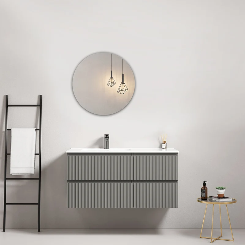 Mobile bagno sospeso cannettato 100 cm Grigio Londra Lavabo a Sinistra in Ceramica Specchio Tondo - Fiji Paint