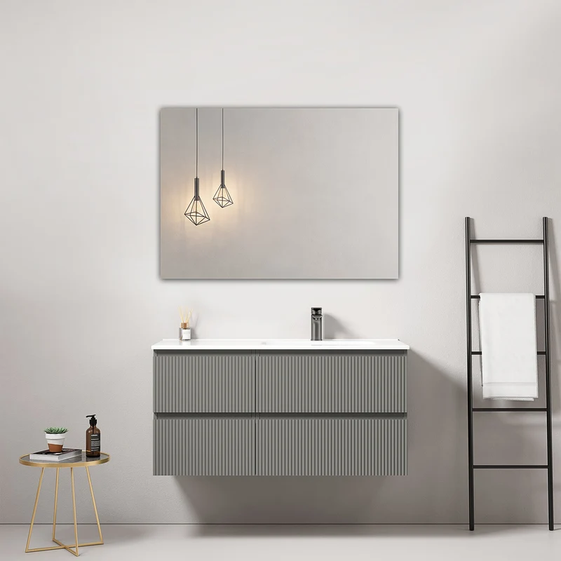 Mobile bagno sospeso cannettato 100 cm Grigio Londra Lavabo a Destra in Ceramica Specchio Quadro - Fiji Paint