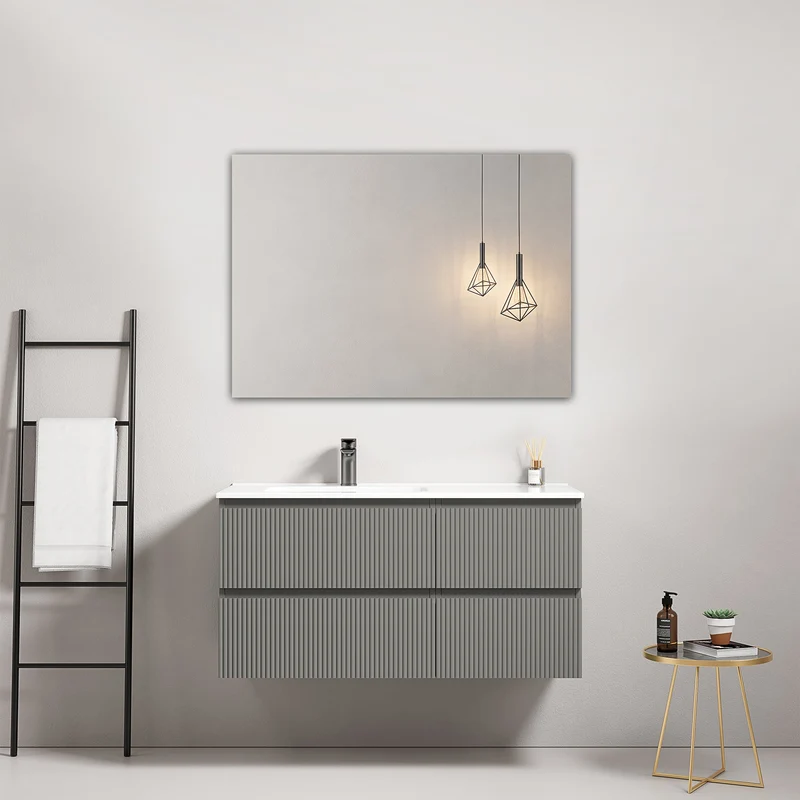 Mobile bagno sospeso cannettato 100 cm Grigio Londra Lavabo a Sinistra in Ceramica Specchio Quadro - Fiji Paint