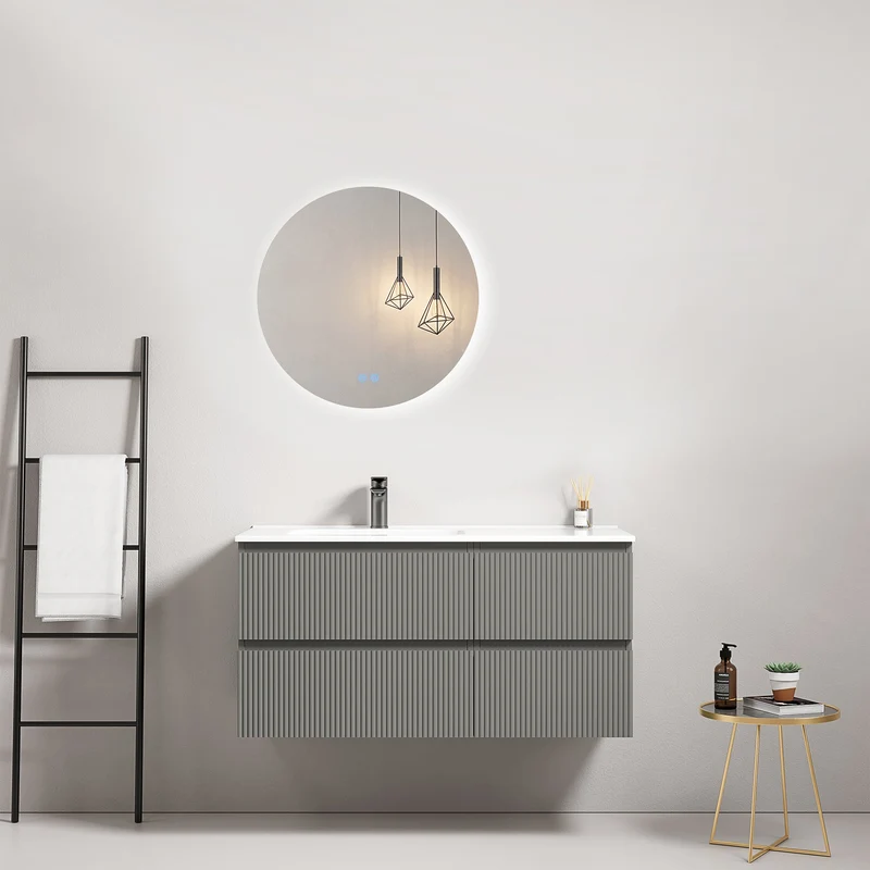 Mobile bagno sospeso cannettato 100 cm Grigio Londra Lavabo a Sinistra in Ceramica Specchio Tondo Retroilluminato - Fiji Paint