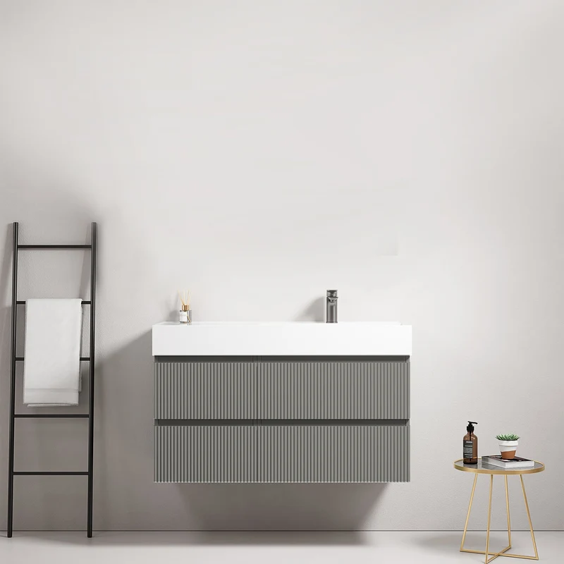 Mobile bagno sospeso cannettato 100 cm Grigio Londra Lavabo a Destra in Resina Senza Specchio - Fiji Paint