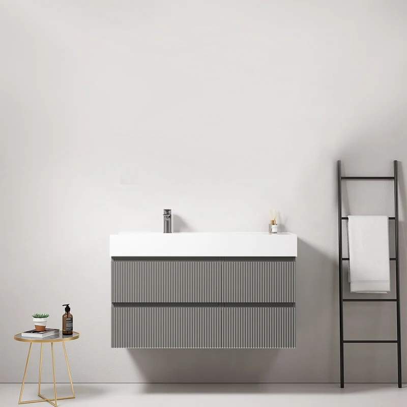 Mobile bagno sospeso cannettato 100 cm Grigio Londra Lavabo a Sinistra in Resina Senza Specchio - Fiji Paint