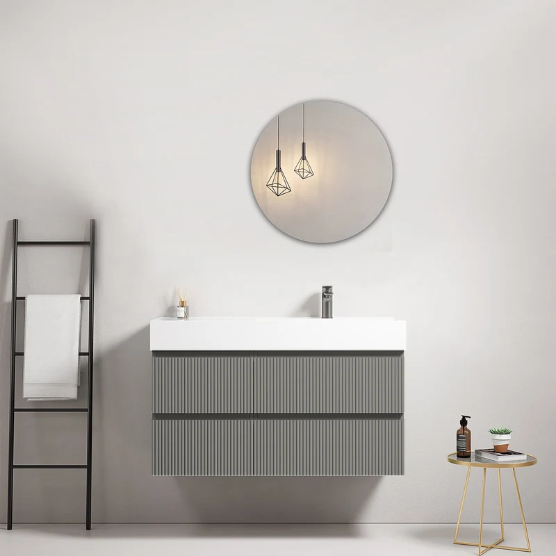 Mobile bagno sospeso cannettato 100 cm Grigio Londra Lavabo a Destra in Resina Specchio Tondo - Fiji Paint