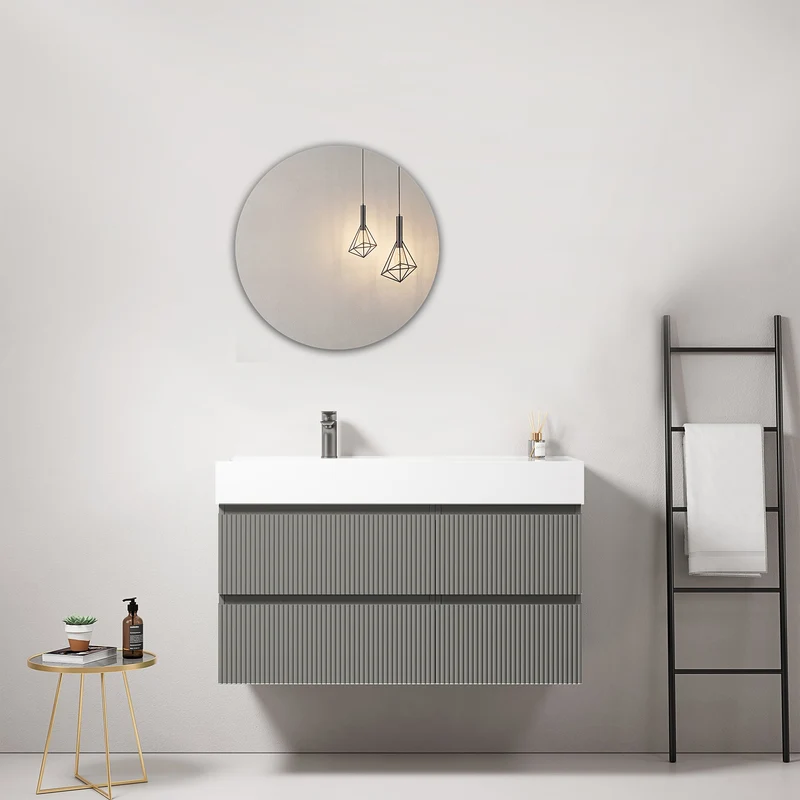 Mobile bagno sospeso cannettato 100 cm Grigio Londra Lavabo a Sinistra in Resina Specchio Tondo - Fiji Paint