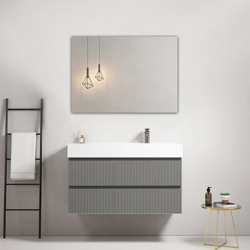 Mobile bagno sospeso cannettato 100 cm Grigio Londra Lavabo a Destra in Resina Specchio Quadro - Fiji Paint