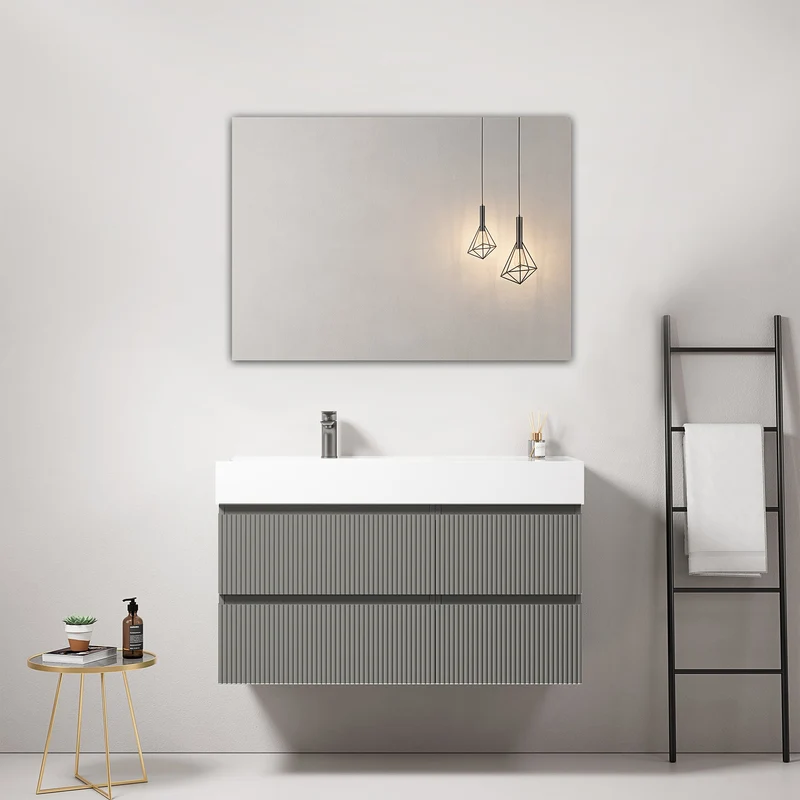 Mobile bagno sospeso cannettato 100 cm Grigio Londra Lavabo a Sinistra in Resina Specchio Quadro - Fiji Paint