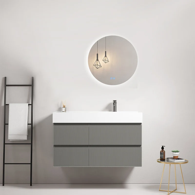Mobile bagno sospeso cannettato 100 cm Grigio Londra Lavabo a Destra in Resina Specchio Tondo Retroilluminato - Fiji Paint