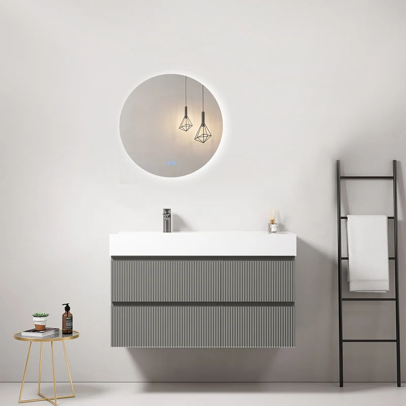 Mobile bagno sospeso cannettato 100 cm Grigio Londra Lavabo a Sinistra in Resina Specchio Tondo Retroilluminato - Fiji Paint