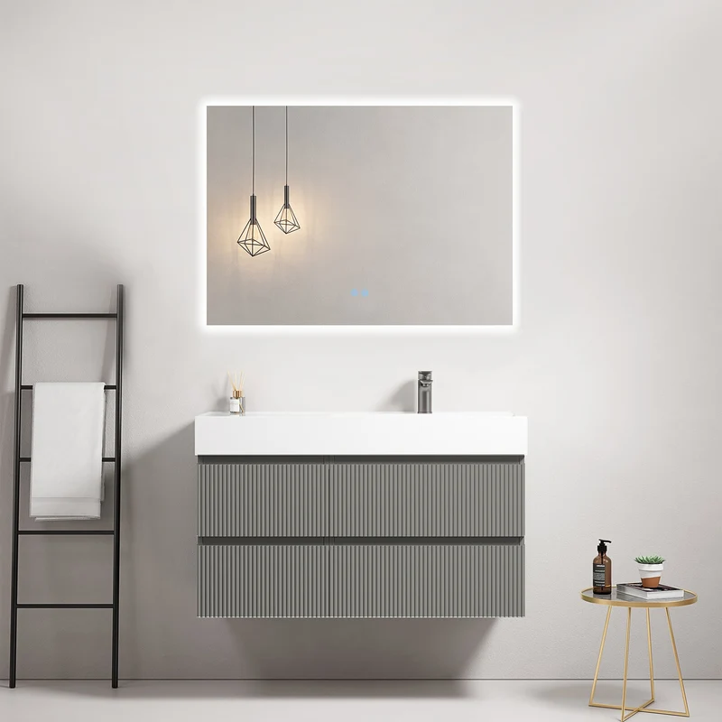 Mobile bagno sospeso cannettato 100 cm Grigio Londra Lavabo a Destra in Resina Specchio Quadro Retroilluminato - Fiji Paint