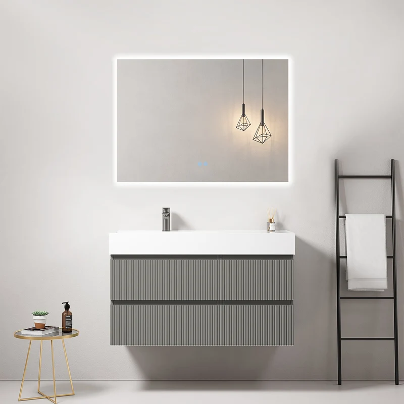 Mobile bagno sospeso cannettato 100 cm Grigio Londra Lavabo a Sinistra in Resina Specchio Quadro Retroilluminato - Fiji Paint