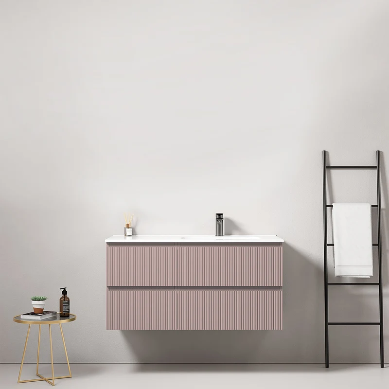 Mobile bagno sospeso cannettato 100 cm Rosa Retro Lavabo a Destra in Ceramica Senza Specchio - Fiji Paint