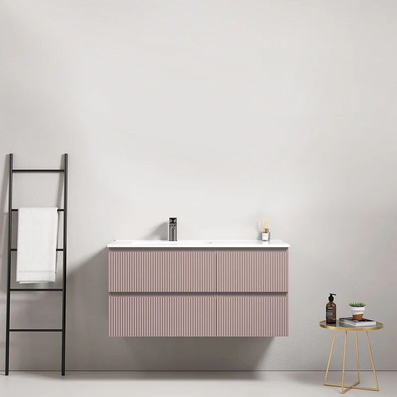 Mobile bagno sospeso cannettato 100 cm Rosa Retro Lavabo a Sinistra in Ceramica Senza Specchio - Fiji Paint