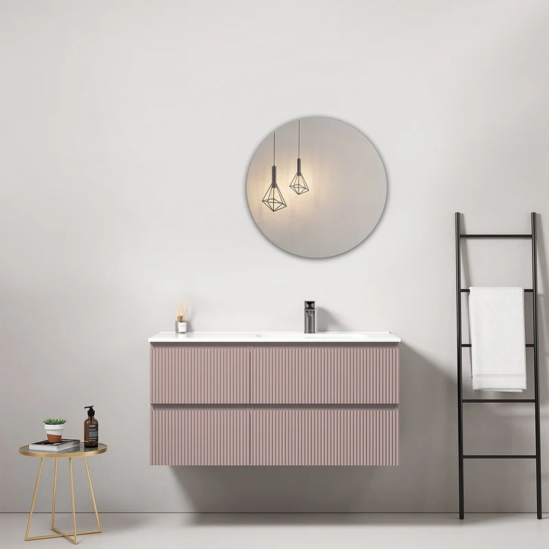 Mobile bagno sospeso cannettato 100 cm Rosa Retro Lavabo a Destra in Ceramica Specchio Tondo - Fiji Paint