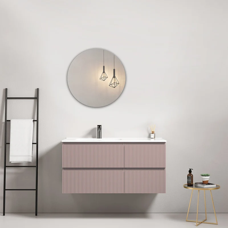 Mobile bagno sospeso cannettato 100 cm Rosa Retro Lavabo a Sinistra in Ceramica Specchio Tondo - Fiji Paint