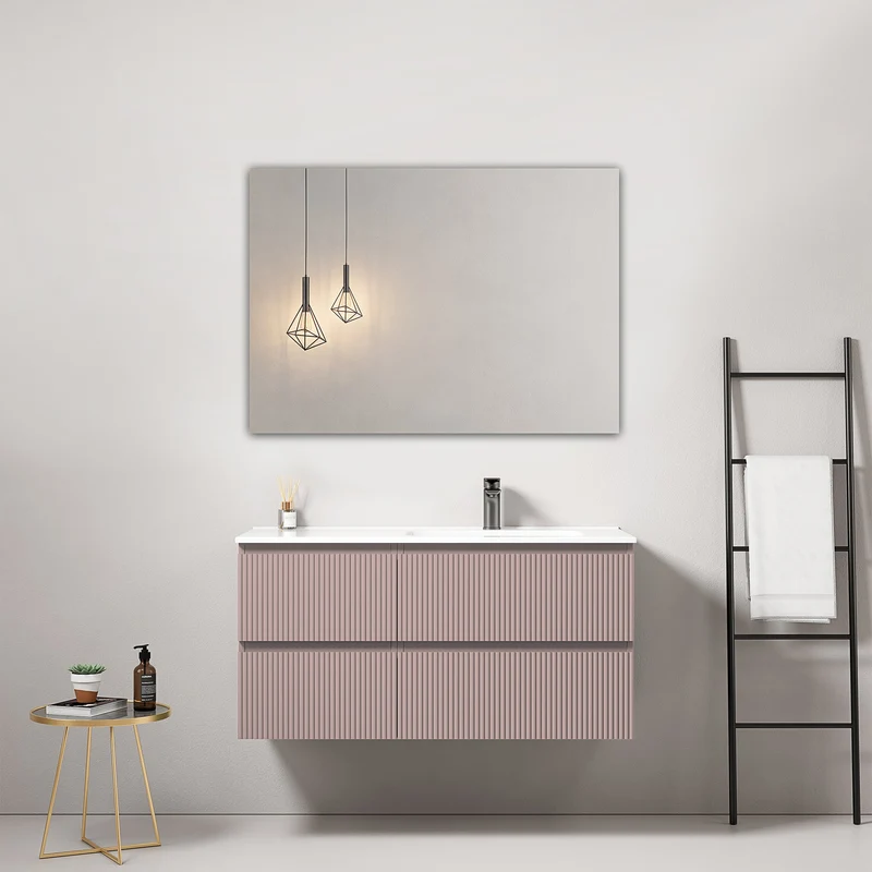 Mobile bagno sospeso cannettato 100 cm Rosa Retro Lavabo a Destra in Ceramica Specchio Quadro - Fiji Paint