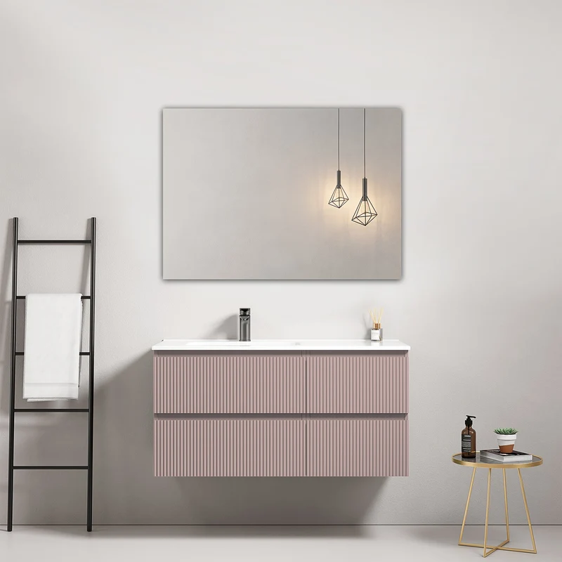 Mobile bagno sospeso cannettato 100 cm Rosa Retro Lavabo a Sinistra in Ceramica Specchio Quadro - Fiji Paint