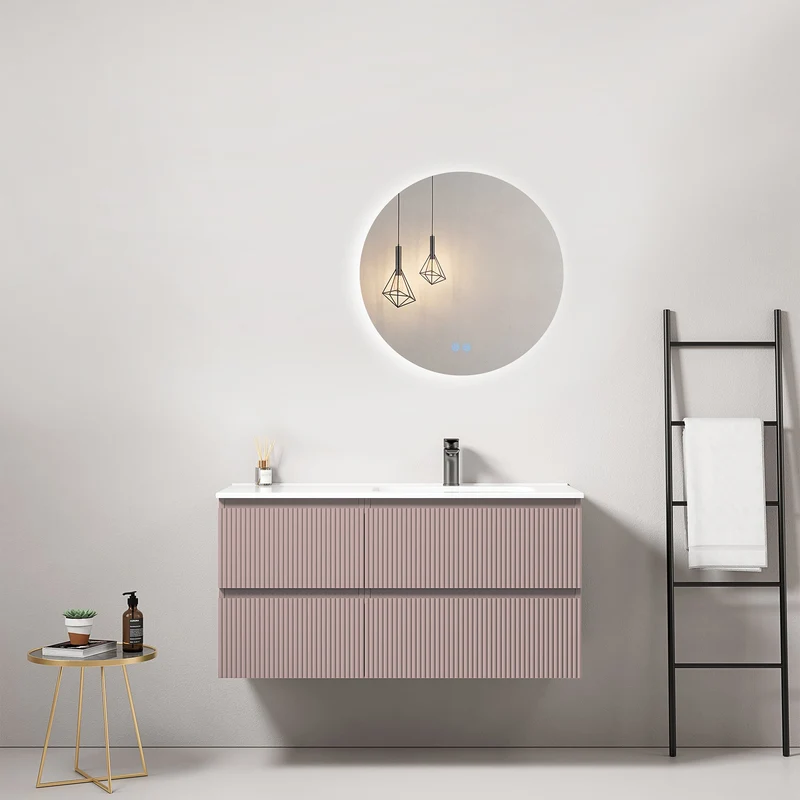 Mobile bagno sospeso cannettato 100 cm Rosa Retro Lavabo a Destra in Ceramica Specchio Tondo Retroilluminato - Fiji Paint