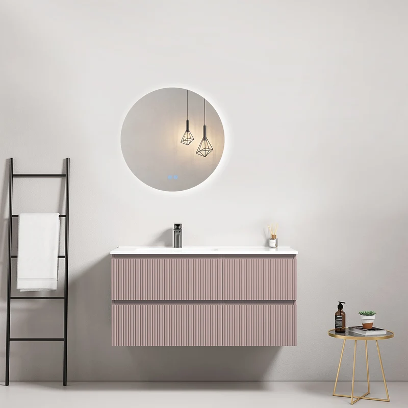 Mobile bagno sospeso cannettato 100 cm Rosa Retro Lavabo a Sinistra in Ceramica Specchio Tondo Retroilluminato - Fiji Paint