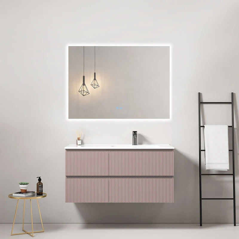Mobile bagno sospeso cannettato 100 cm Rosa Retro Lavabo a Destra in Ceramica Specchio Quadro Retroilluminato - Fiji Paint