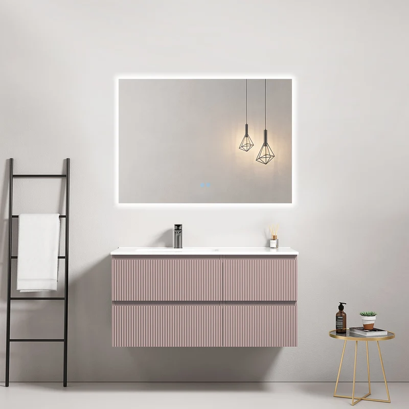 Mobile bagno sospeso cannettato 100 cm Rosa Retro Lavabo a Sinistra in Ceramica Specchio Quadro Retroilluminato - Fiji Paint