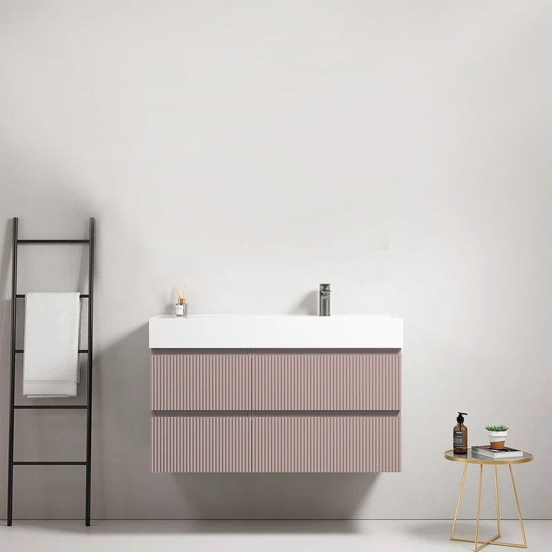 Mobile bagno sospeso cannettato 100 cm Rosa Retro Lavabo a Destra in Resina Senza Specchio - Fiji Paint