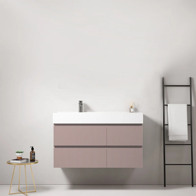 Mobile bagno sospeso cannettato 100 cm Rosa Retro Lavabo a Sinistra in Resina Senza Specchio - Fiji Paint