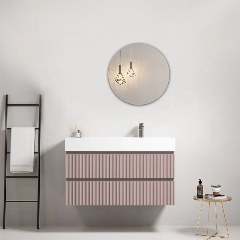 Mobile bagno sospeso cannettato 100 cm Rosa Retro Lavabo a Destra in Resina Specchio Tondo - Fiji Paint