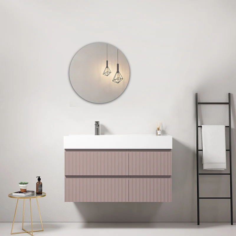 Mobile bagno sospeso cannettato 100 cm Rosa Retro Lavabo a Sinistra in Resina Specchio Tondo - Fiji Paint