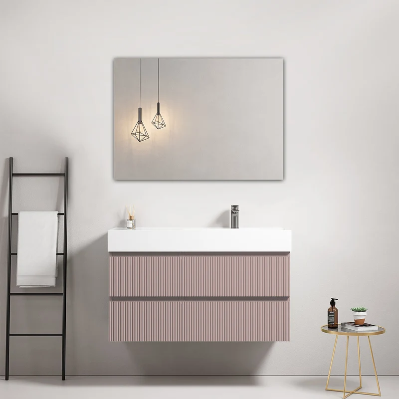 Mobile bagno sospeso cannettato 100 cm Rosa Retro Lavabo a Destra in Resina Specchio Quadro - Fiji Paint