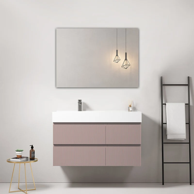 Mobile bagno sospeso cannettato 100 cm Rosa Retro Lavabo a Sinistra in Resina Specchio Quadro - Fiji Paint