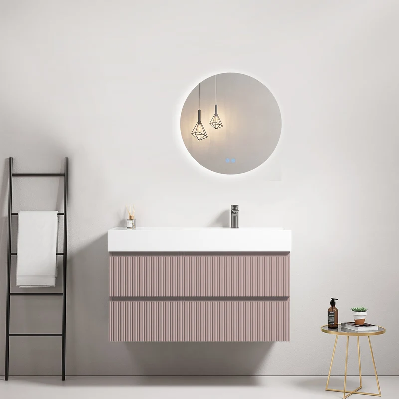 Mobile bagno sospeso cannettato 100 cm Rosa Retro Lavabo a Destra in Resina Specchio Tondo Retroilluminato - Fiji Paint