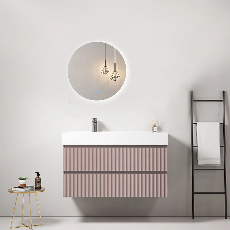 Mobile bagno sospeso cannettato 100 cm Rosa Retro Lavabo a Sinistra in Resina Specchio Tondo Retroilluminato - Fiji Paint